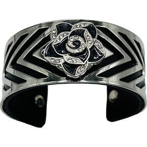 Black Rose & Silver Metal Cuff Bracelet 18mm Sparkling Flower Snap Jewelry NWT